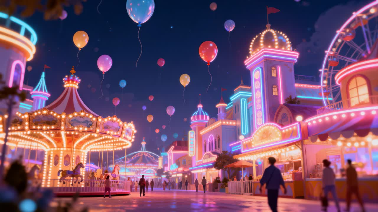 Folla con cappotti che cammina lungo un sentiero di un parco illuminato al neon, con luci che li attirano e palloncini a elio che si alzano.