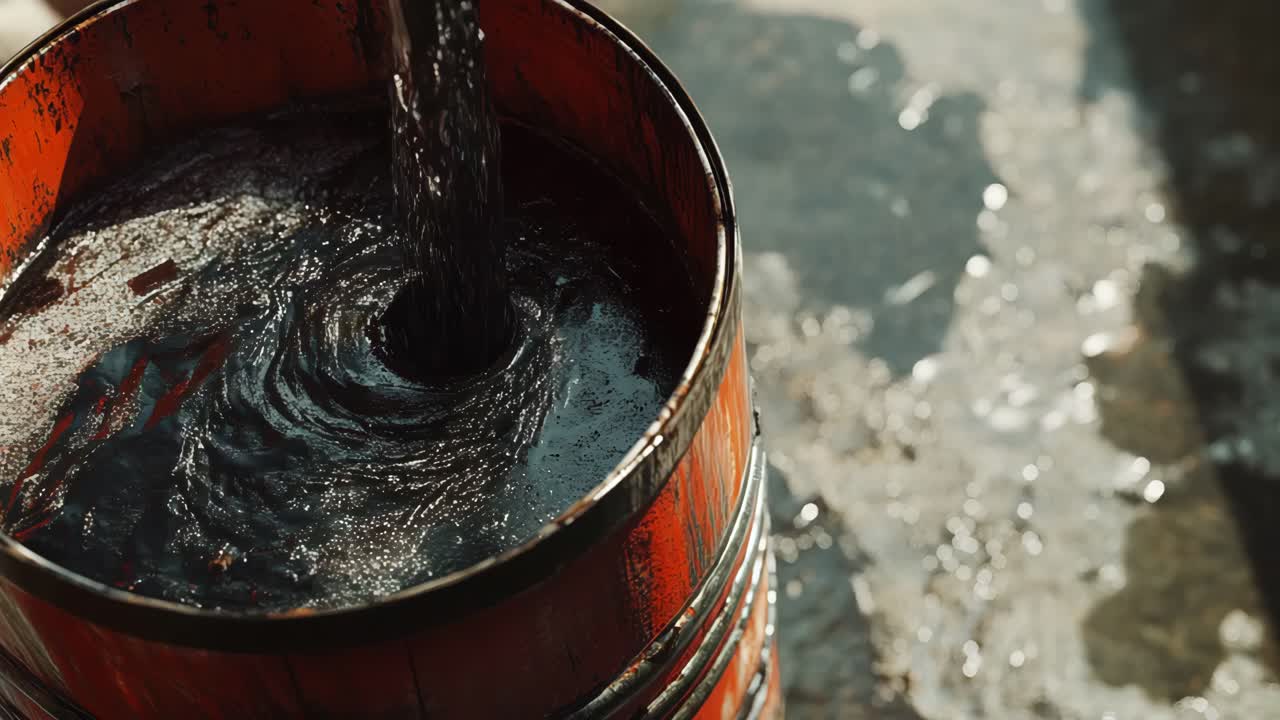 Pouring dark liquid into a wooden bucket