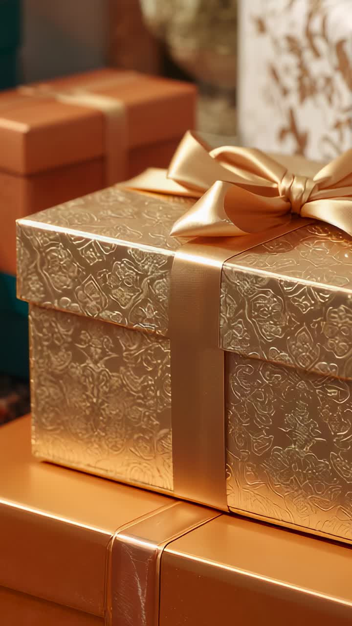 Vídeo vertical: la cámara se aleja revelando una caja de regalo dorada con un lazo de satén en casa mostrando regalos