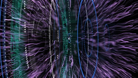 digital animation of multiple round scanners over purple light trail exploding on black background