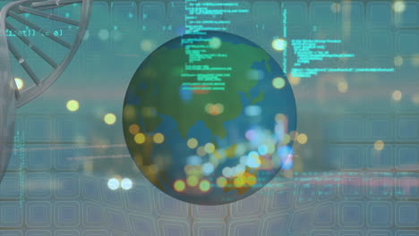 animación de la estructura del adn y procesamiento de datos sobre un globo giratorio contra el tráfico nocturno de la ciudad