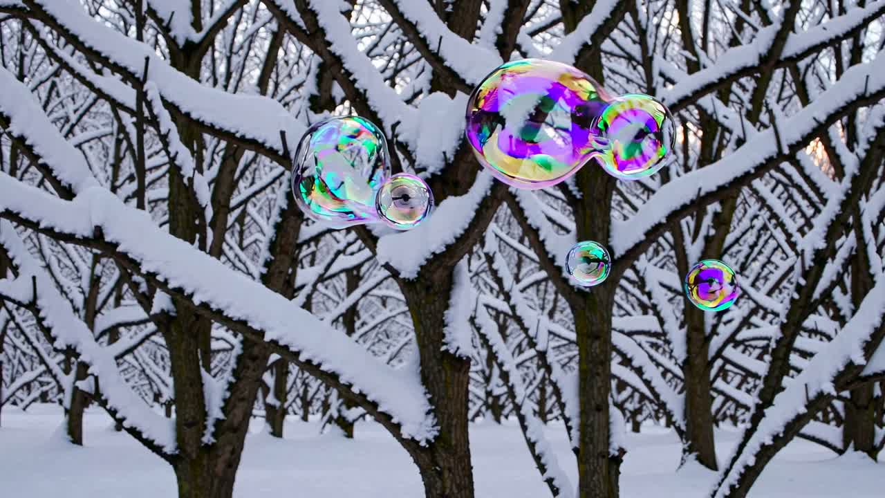 Video still of colorful bubbles floating among snow-covered tree branches