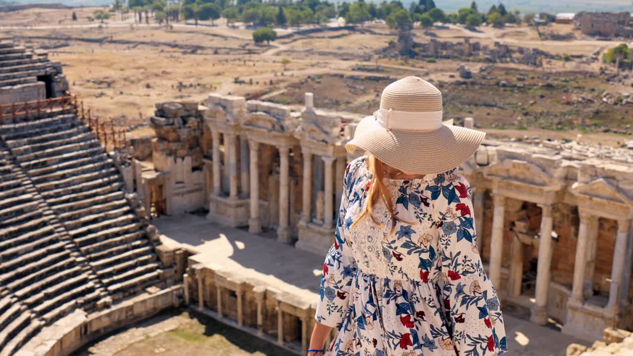 Stunning video of a young white caucasian ginger girl standing at the Roman amphitheater at the ruins of Hierapolis, in Pamukkale, Türkiye. UNESCO world heritage. Video was made on sunny summer day.