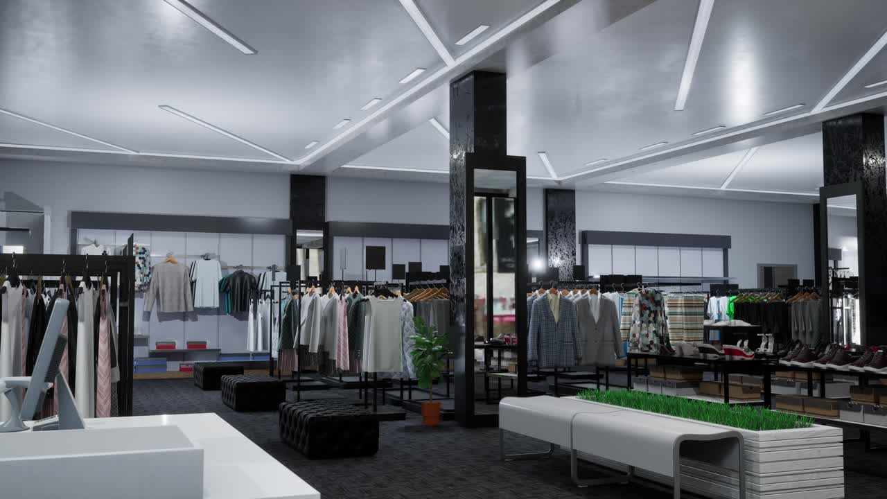 패션 의류 상점. 현금 등록, 스캐너, 상점의 판매 카운터에 있는 컴퓨터