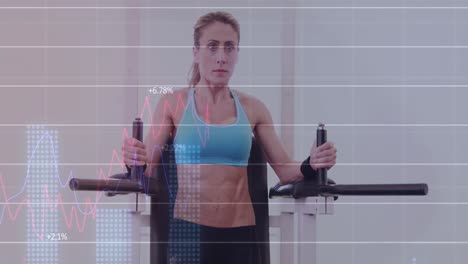 animación de procesamiento de datos sobre mujer caucásica en forma haciendo ejercicio