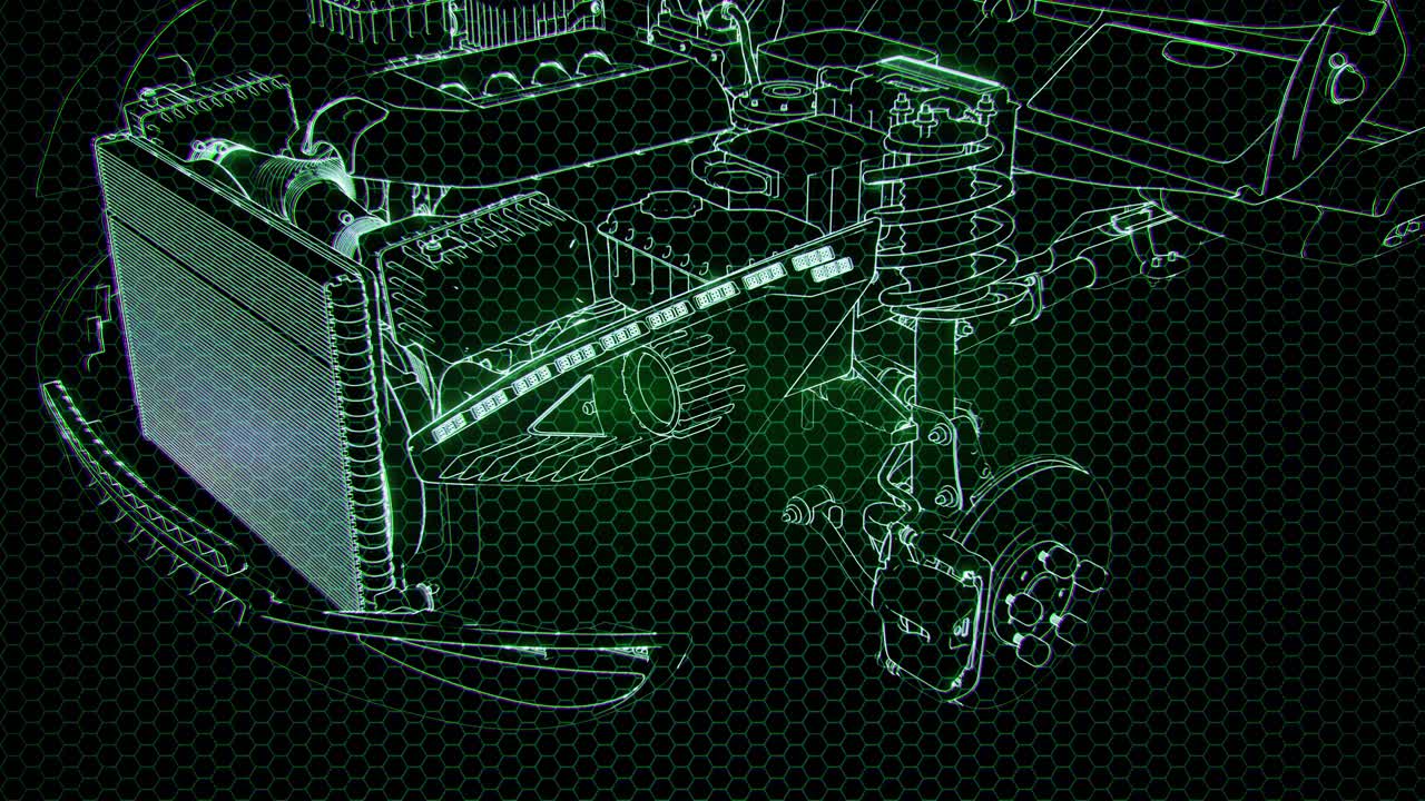 Holographic animation of 3D wireframe car model with engine