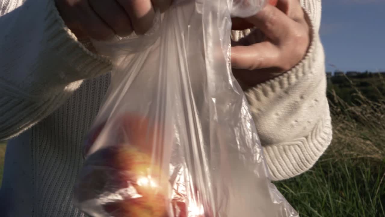 Woman putting fresh red apples into a plastic bag medium shot