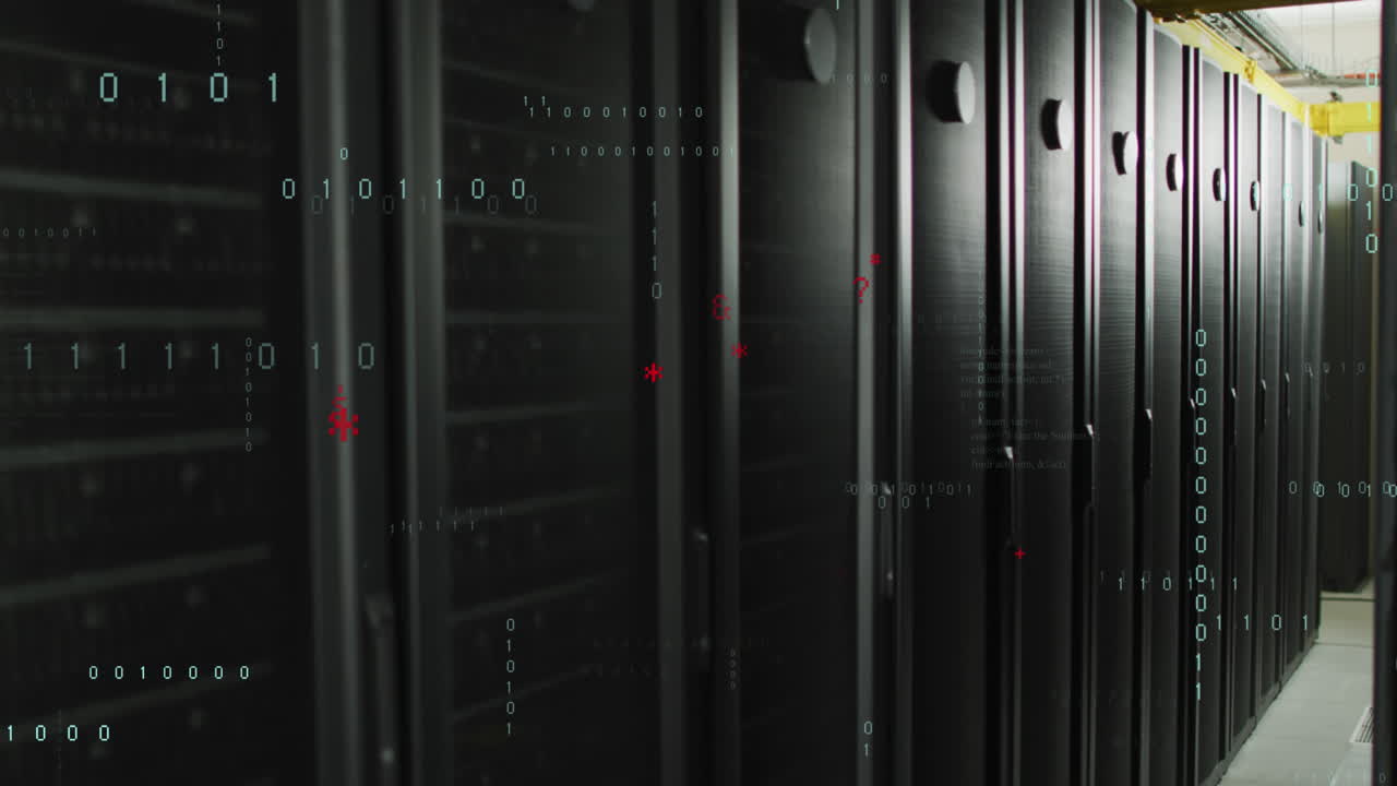 Animation of binary coding data processing and symbols against computer server room