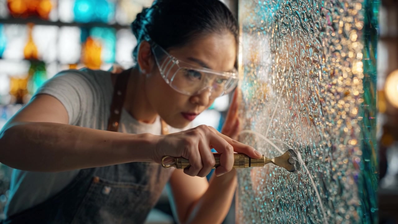 Artisan carefully crafting intricate designs on shimmering glass with a cutting tool, showcasing skilled craftsmanship and dedication to the art of glassmaking.
