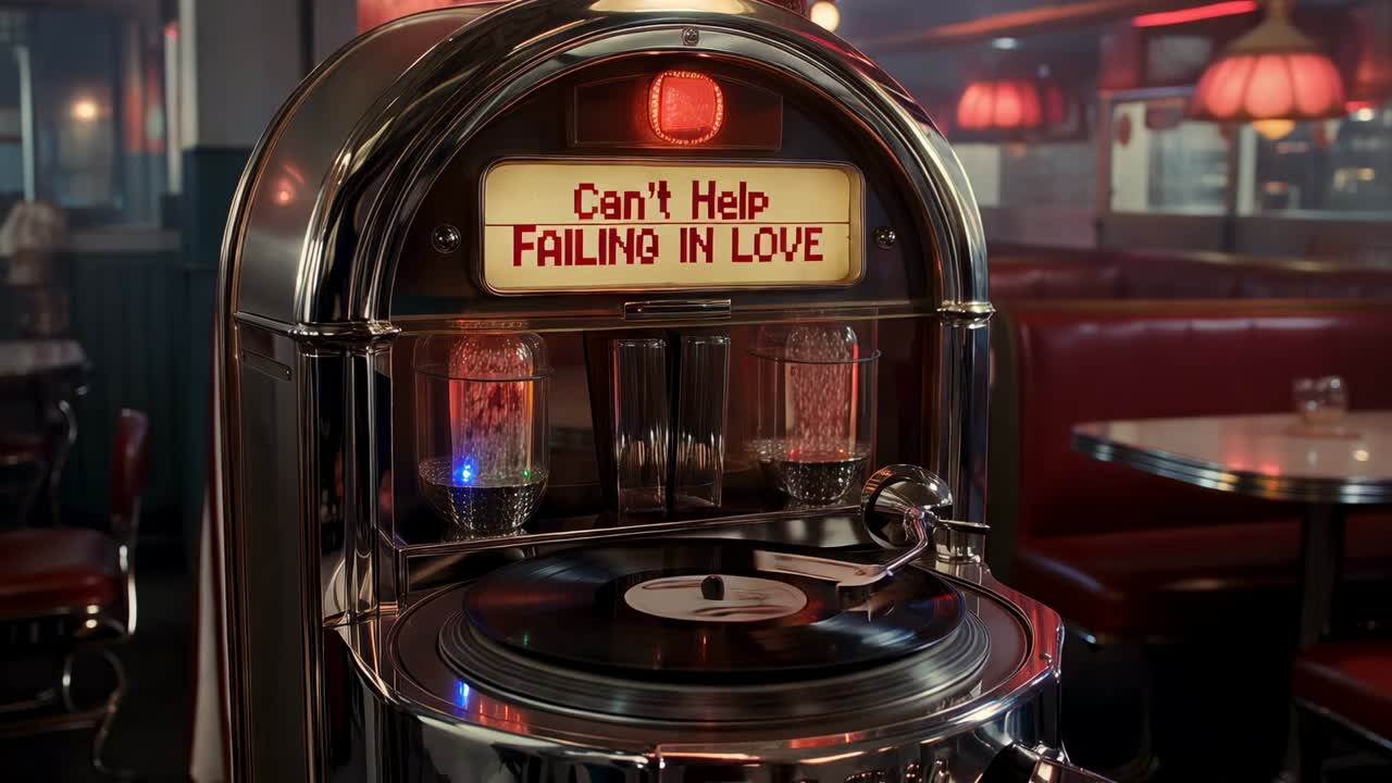 Zoomende Kamera, die eine verchromte Jukebox bewegt, die den Tonarm einrasten lÃ¤sst, um Vinyl am Diner-Tresen mit blubbernden Röhren abzuspielen