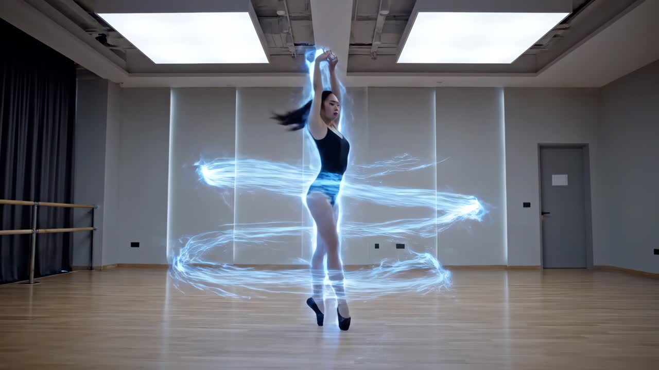 Ballerina performing with blue energy in a studio