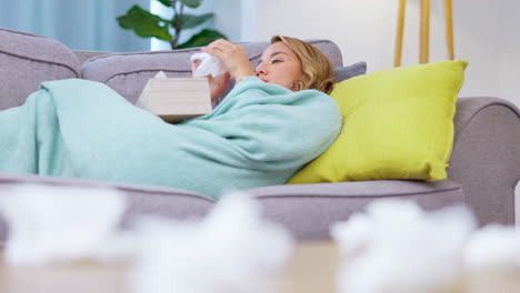 tissue, crying and sad woman wipe tears in home