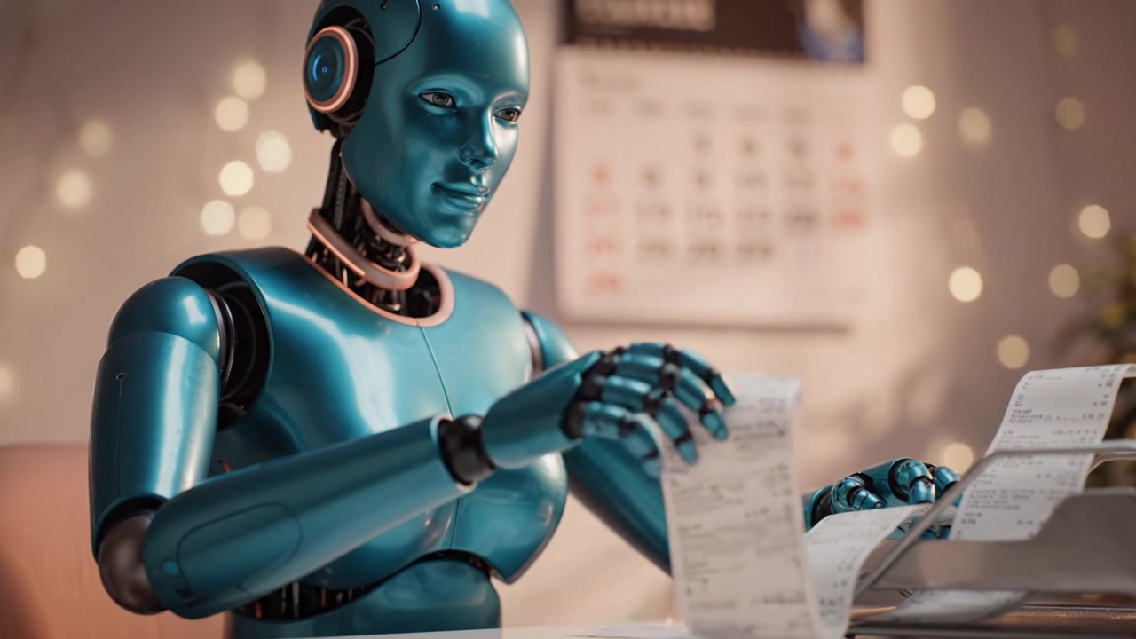 En futuristisk robot behandler flittig kvitteringer og dokumenter på en moderne arbeidsplass, som viser avansert AI-teknologi og et elegant design i en varm atmosfære