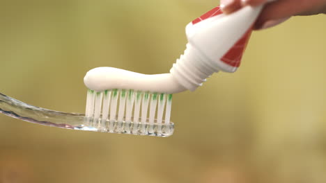 white toothpaste squeezing on toothbrush. woman hand holding toothbrush