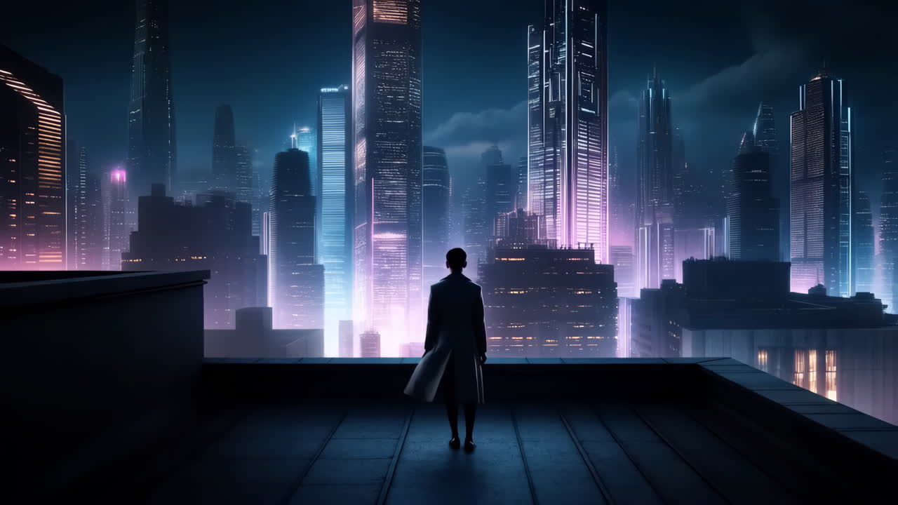 Figura solitaria che osserva una città futuristica illuminata al neon di notte