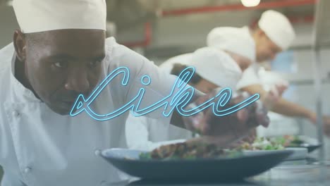 animation of like text over african american male chef preparing meal