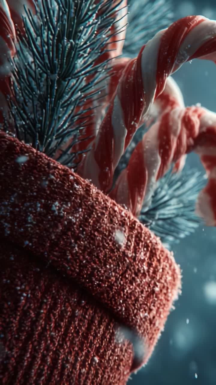 Scena festiva a tema vacanze con un accogliente vaso con bastoncini di zucchero e vegetazione invernale, che evoca calorosi ricordi di feste stagionali e gioiosi incontri