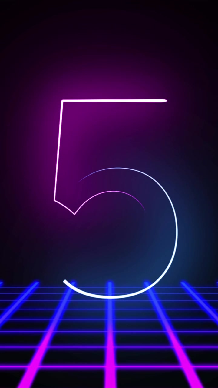 Animation of glowing pink and blue numbers counting down to new year from 10 to 0, on black