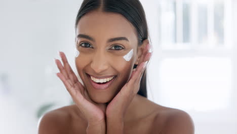 Skincare,-bathroom-and-woman-with-cream-in-mirror