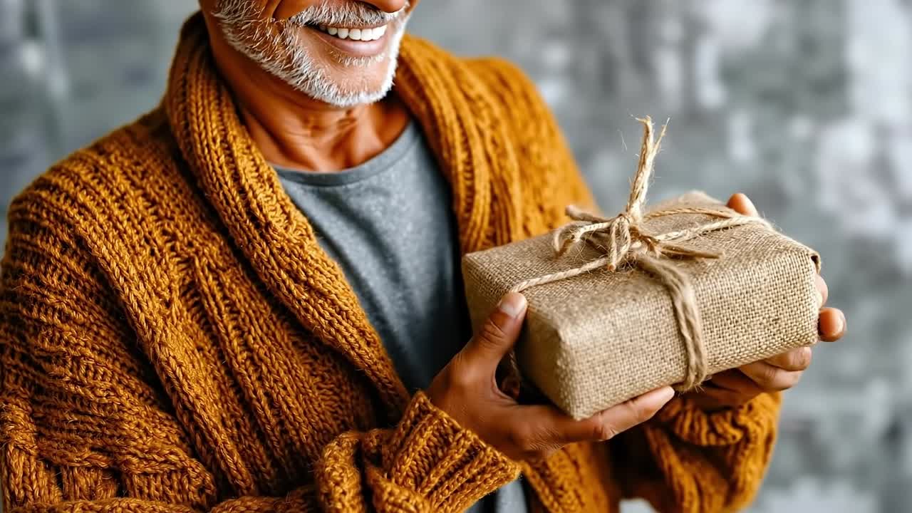 A man holding a wrapped present in his hands