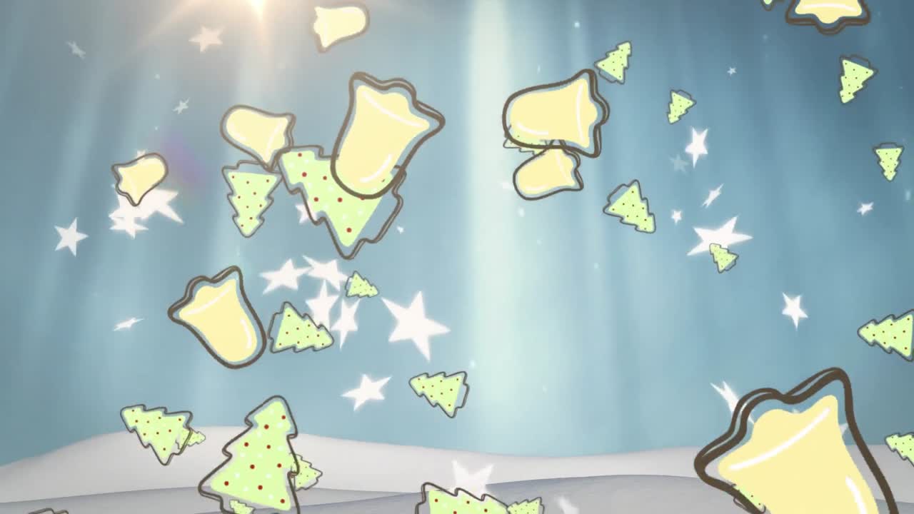 여러 개의 크리스마스 트리, 별과 종 아이콘이 파란색 배경의 빛의 반점에 떨어지고 있습니다.