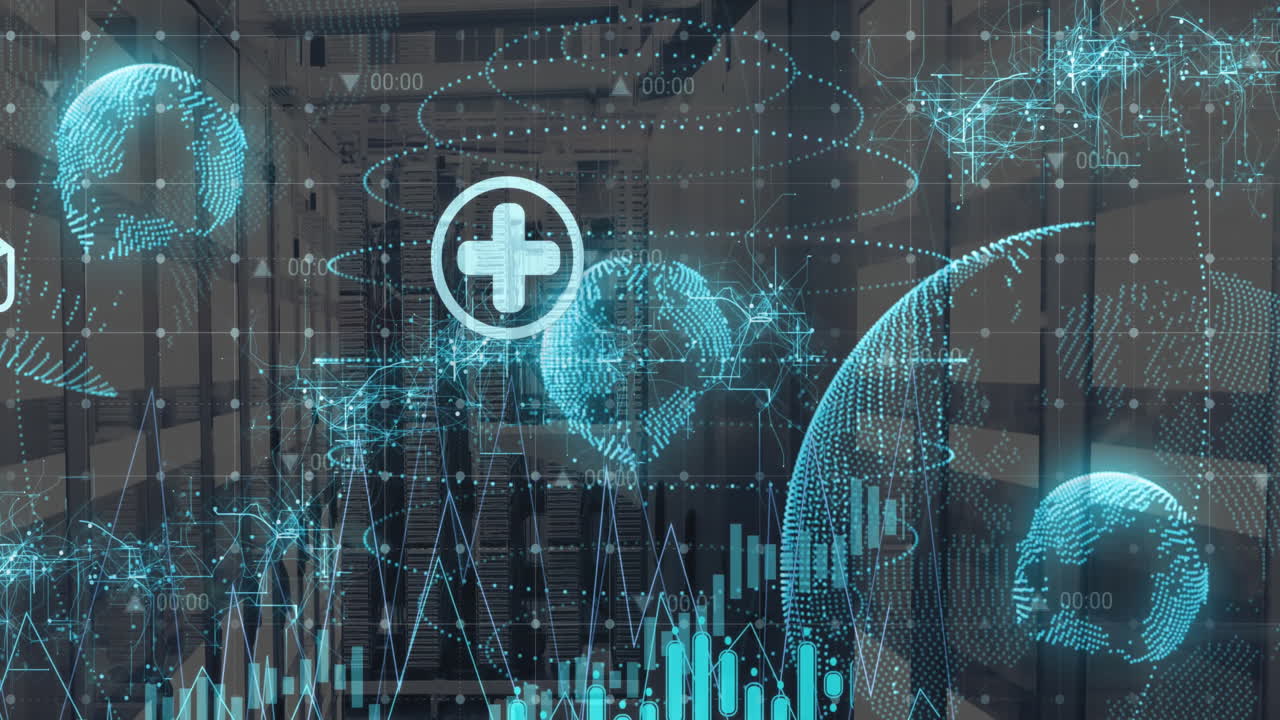 아이콘의 애니메이션 및 컴퓨터 서버를 통해 디지털 데이터 처리