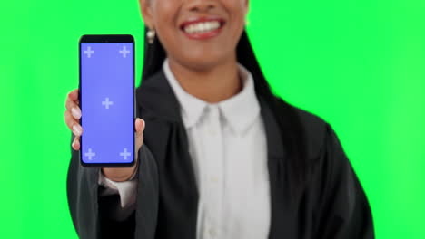 phone, green screen and smile with hand of judge