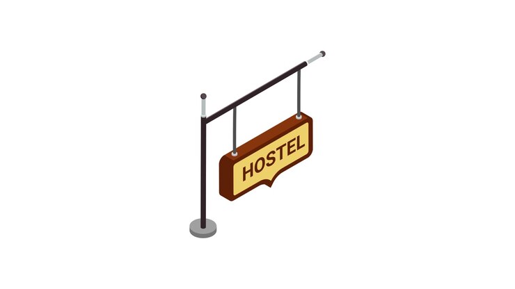 Animated Isometric Hostel Sign Appearing and Rotating