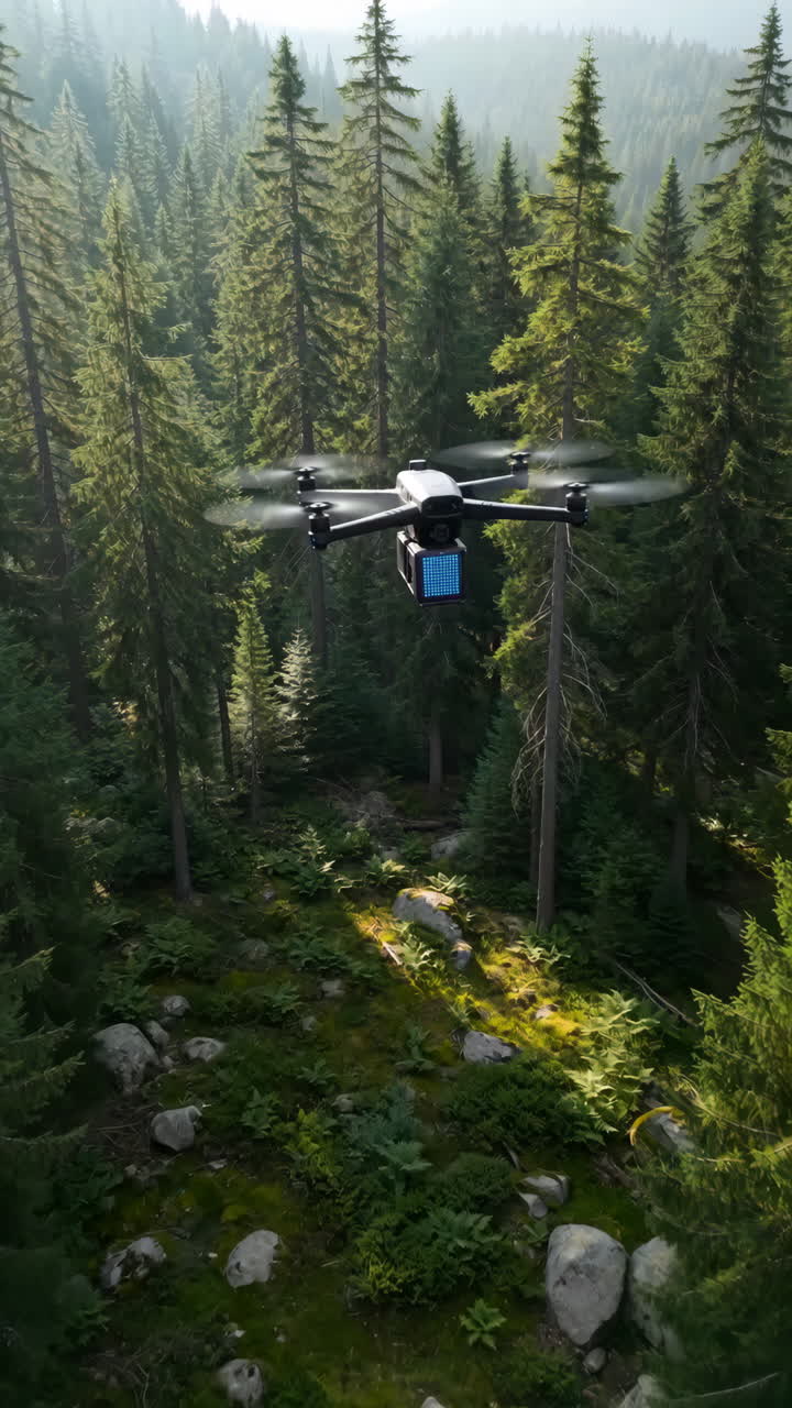 Drone per consegne che naviga in una fitta foresta sempreverde, quadricottero che trasporta un pacco blu, con raggi di sole che filtrano