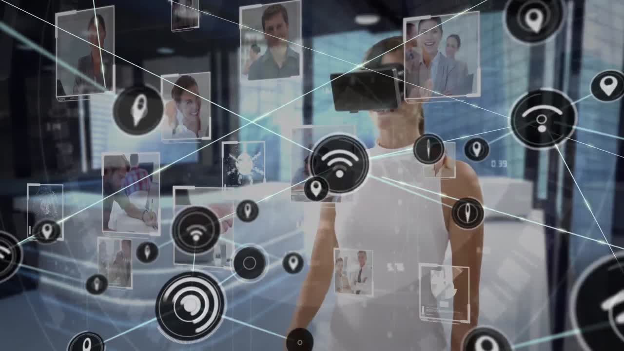animación de una red de conexiones con iconos sobre una mujer de negocios con auriculares vr