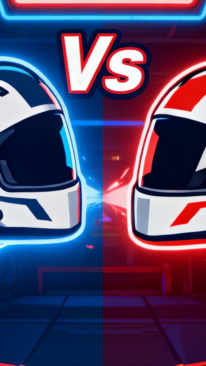 Vertical video: Charging helmets firing converging blue and red beams in arena, neon Vs sparking