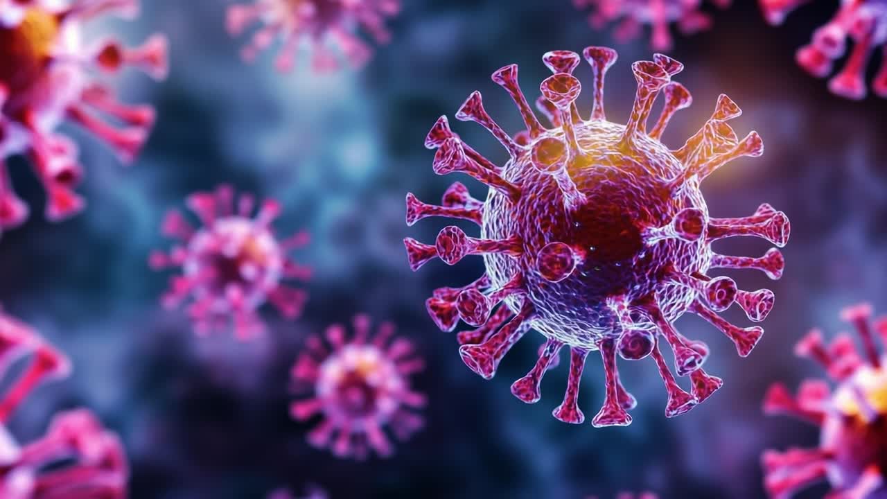 Colorful representation of a virus cell. Microscopic view of vibrant virus cells with intricate structures, showing scientific detail and complexity.