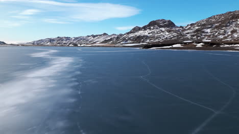 aerial across frozen lake towards snow covered mountains, iceland