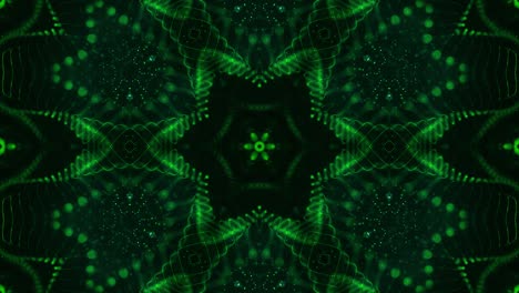 las partículas verdes brillantes forman líneas, superficies, patrones estelares, estructuras de caleidoscopio. fondo 3d de ciencia ficción en bucle de 4k con estructuras de puntos simétricos de abstracción en movimiento. bg virtual o holográfico