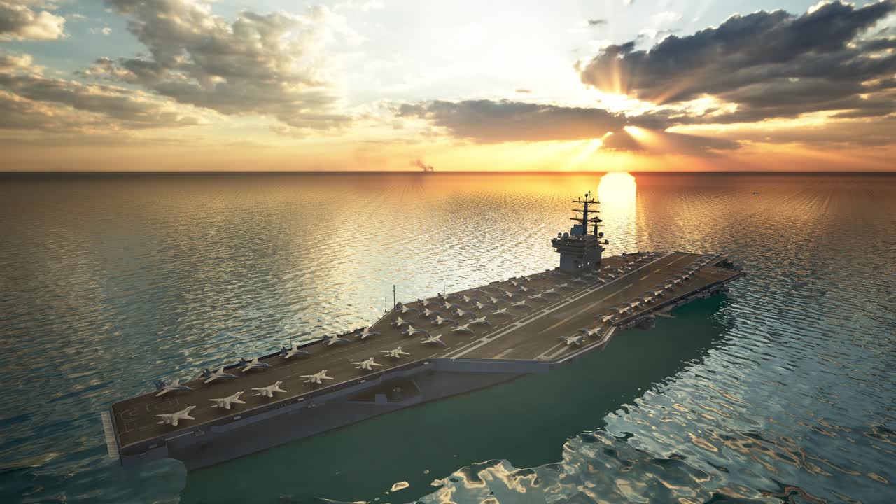 Aircraft Carrier Warship Battleship In The Ocean Navy, Sunset Time