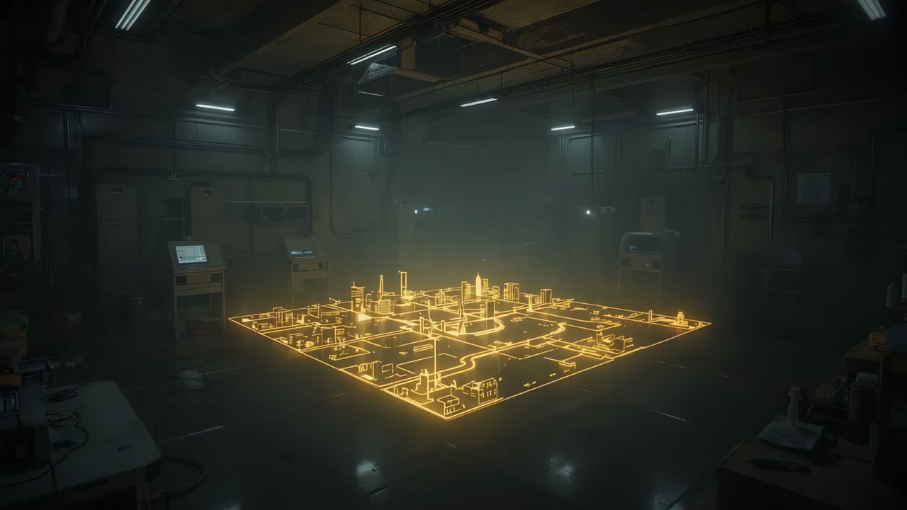 Futuristic City Plan Hologram in Dark Laboratory
