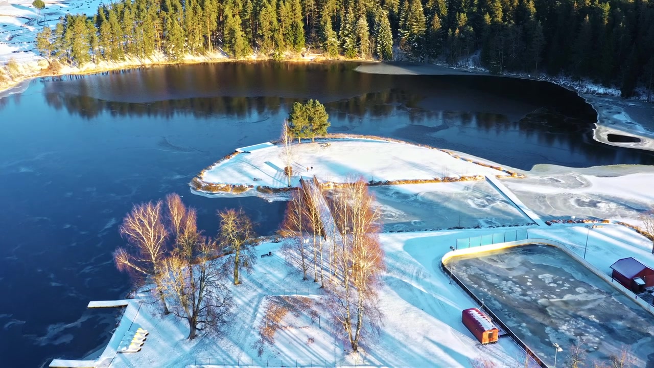 Lago ghiacciato circondato da un'isola innevata e una fitta foresta in una soleggiata giornata invernale