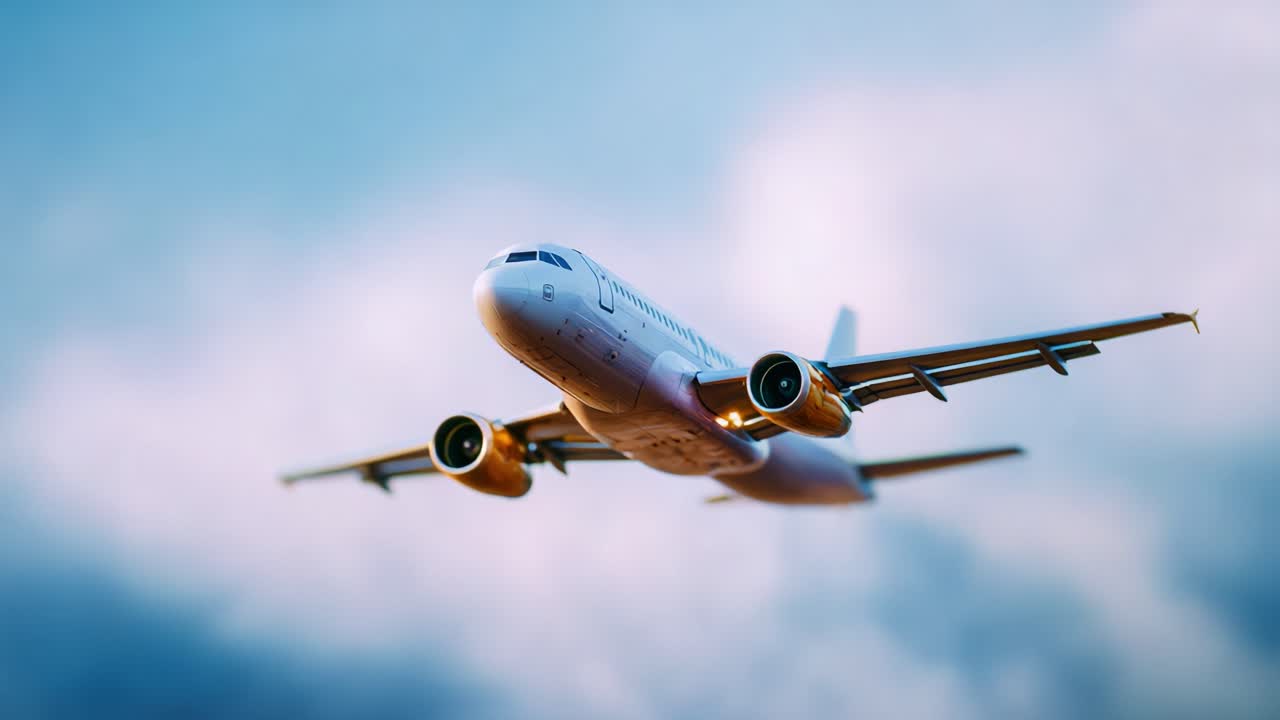 Vista aerea di un aereo in volo su un cielo blu con nuvole suggestive, che cattura l'essenza dell'aviazione moderna e dell'innovazione dei trasporti