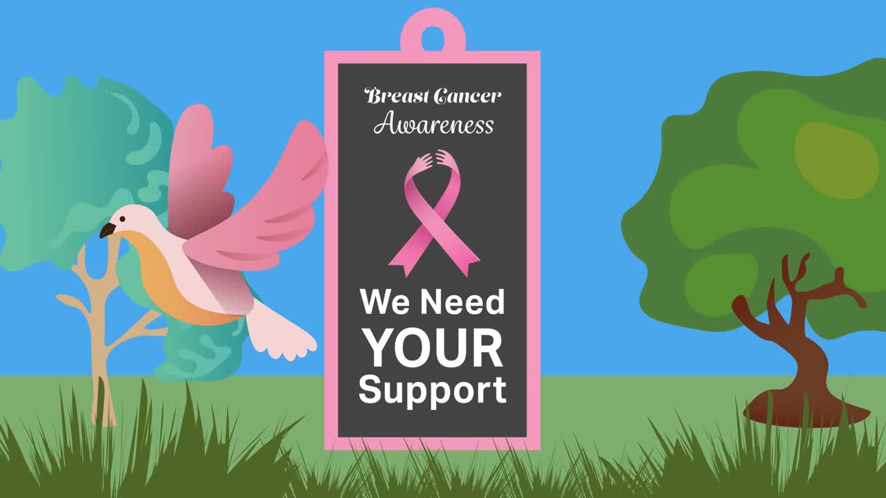 나무와 새 위에 분홍색 리본 로고와 유방암 텍스트의 애니메이션