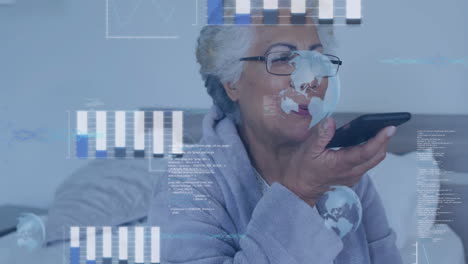 Speaking-into-smartphone,-elderly-woman-with-glasses-over-data-processing-animation