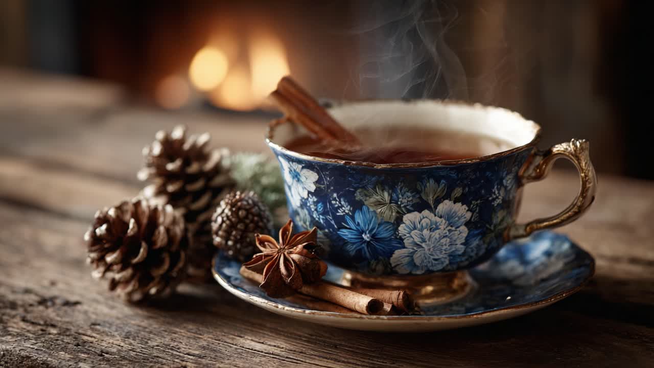 A Cozy Cup of Tea with Warm Cinnamon and Pine Cones: A Inviting Scene of Comfort and Relaxation by the Flames with a Beautiful Floral Teacup