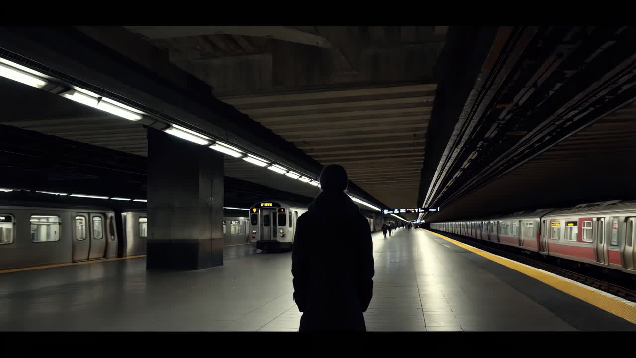 Person standing on a dark subway platform with trains