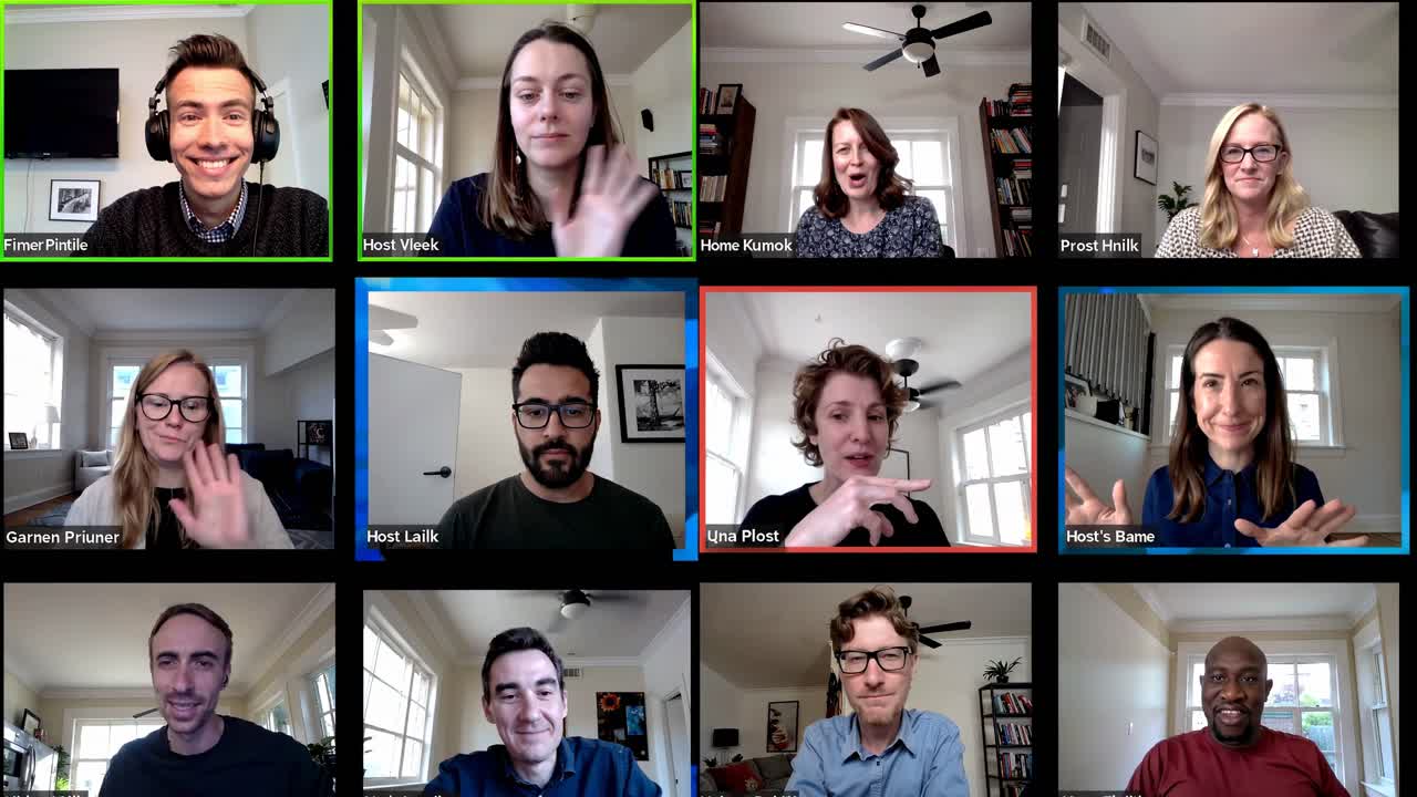 Video call screenshot showing a grid of people in a virtual meeting