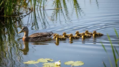 A Mother Duck Leads Her Ducklings in a Serene Water Scene, Showcasing the Natural Bond and Journey of These Charming Birds in Their Habitat