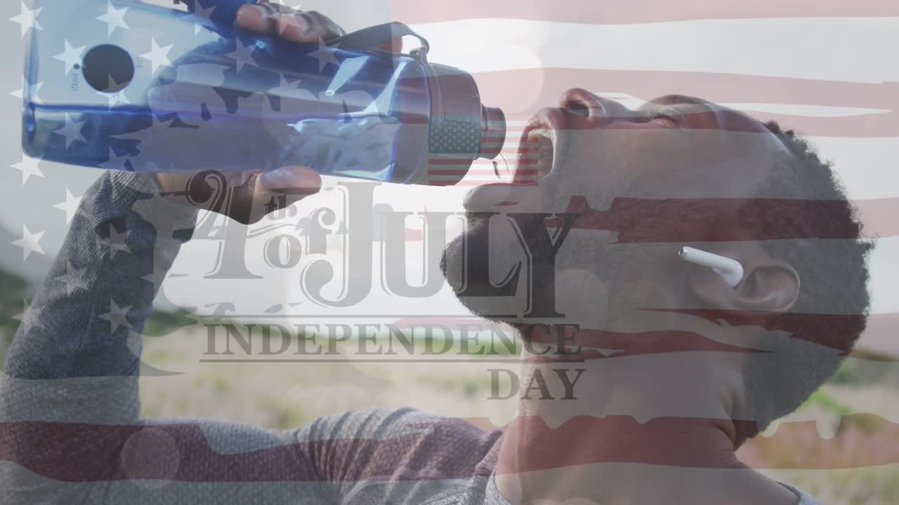 animación del texto del día de la independencia sobre un hombre afroamericano bebiendo agua y caminando