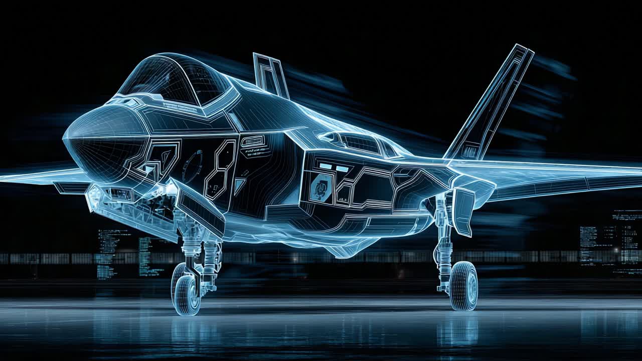 A Cutting-Edge Holographic Visualization of an Advanced Stealth Fighter Jet, Showcasing its Innovative Design and High-Tech Features in a Stunning 3D Display
