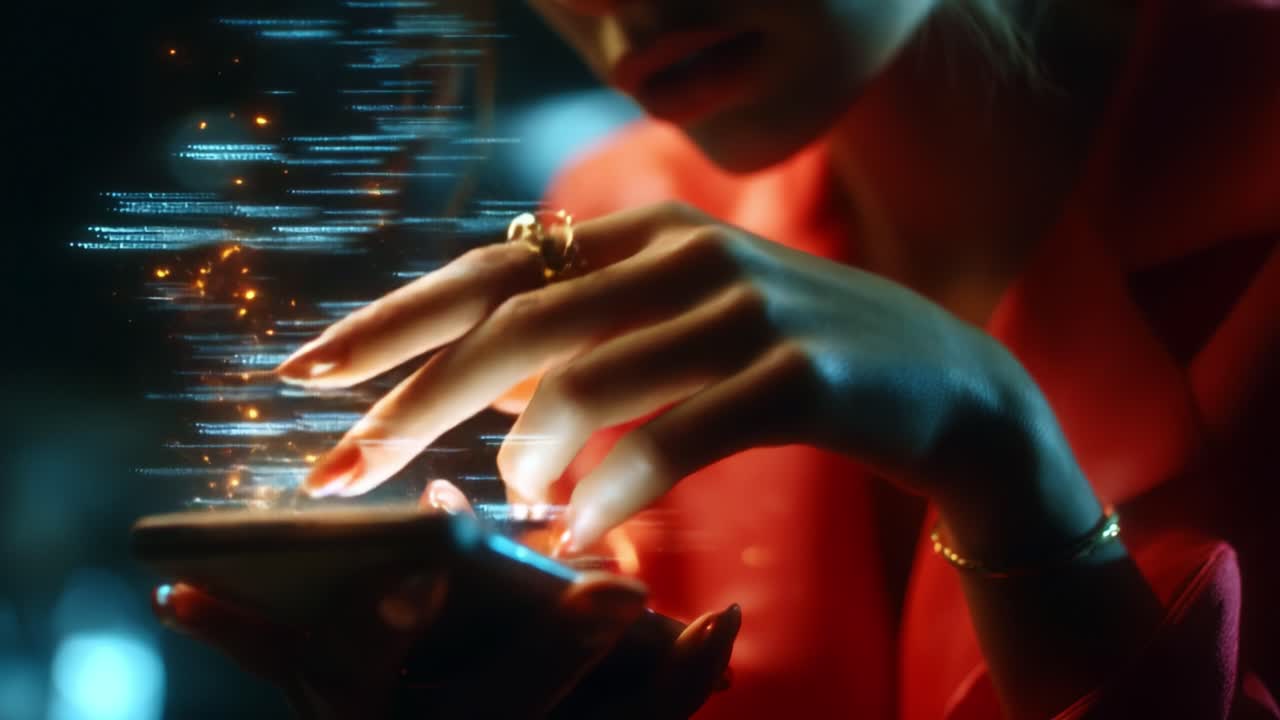 Capturing the Essence of Modern Communication: A Close-Up on Hands Engaged with a Smartphone, Featuring Glimmering Digital Effects and a Fashionable Aesthetic Conveying Innovation