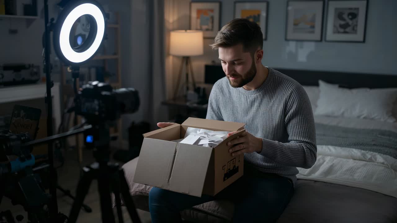 Starting ring light and camera, man preparing to reveal box contents in bedroom, grey sweater jeans