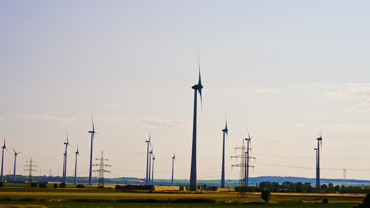 Turbines producing green energy. Rows of wind turbines capture wind energy in a rural landscape during a clear day, showcasing sustainability