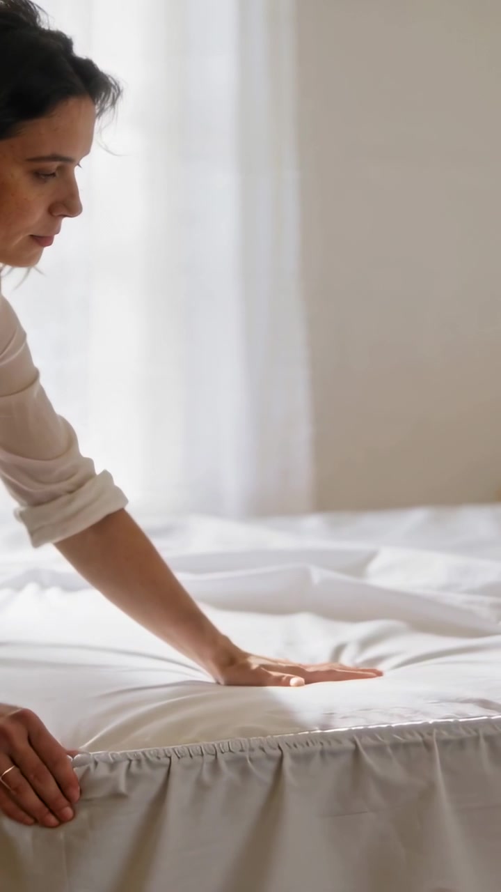 Video vertical: Mano presionando una sábana blanca, mujer en blusa y pantalones haciendo la cama en el dormitorio, con espacio para texto.